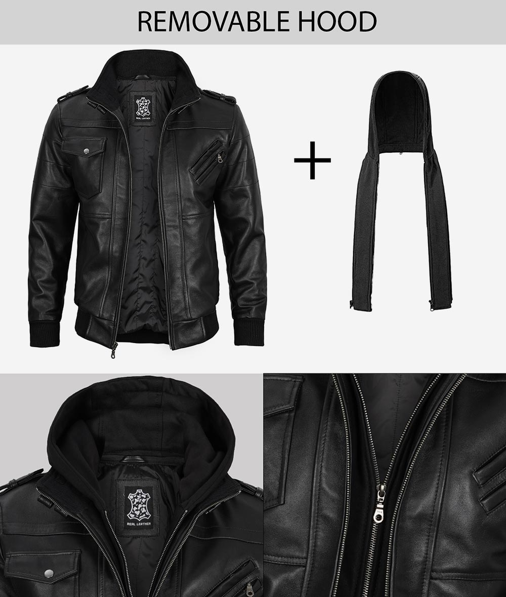 Mens Bomber Black Leather Jacket with Hood