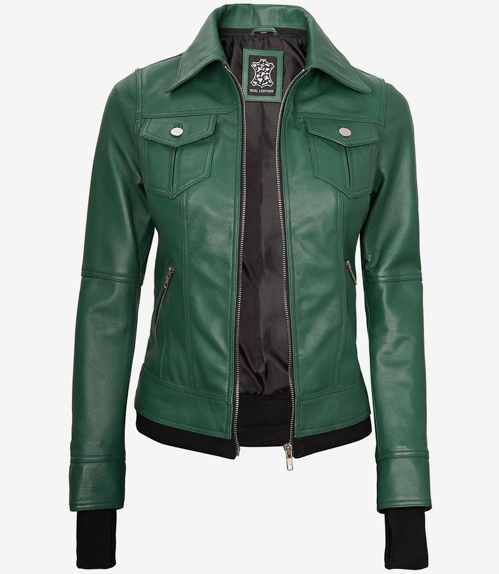 Womens Green Bomber Leather Jacket with Removable Hood