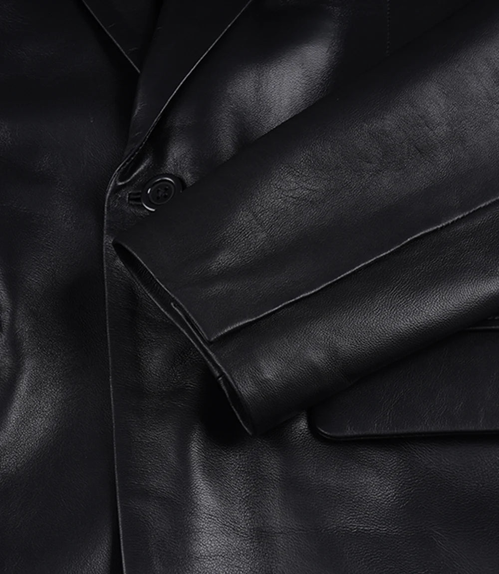 Men's Single Button Black Leather Blazer - Shawl Lapel