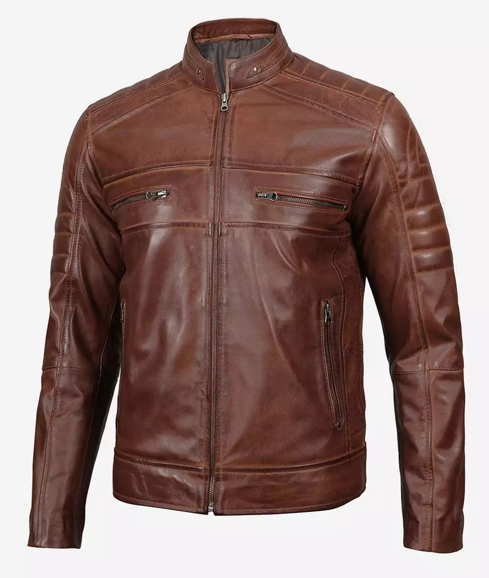 Mens Tall Brown Waxed Perforated Leather Jacket