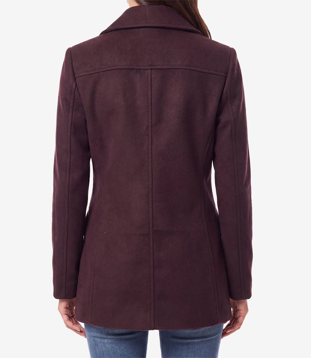Women's Burgundy Wool Peacoat – Double-Breasted