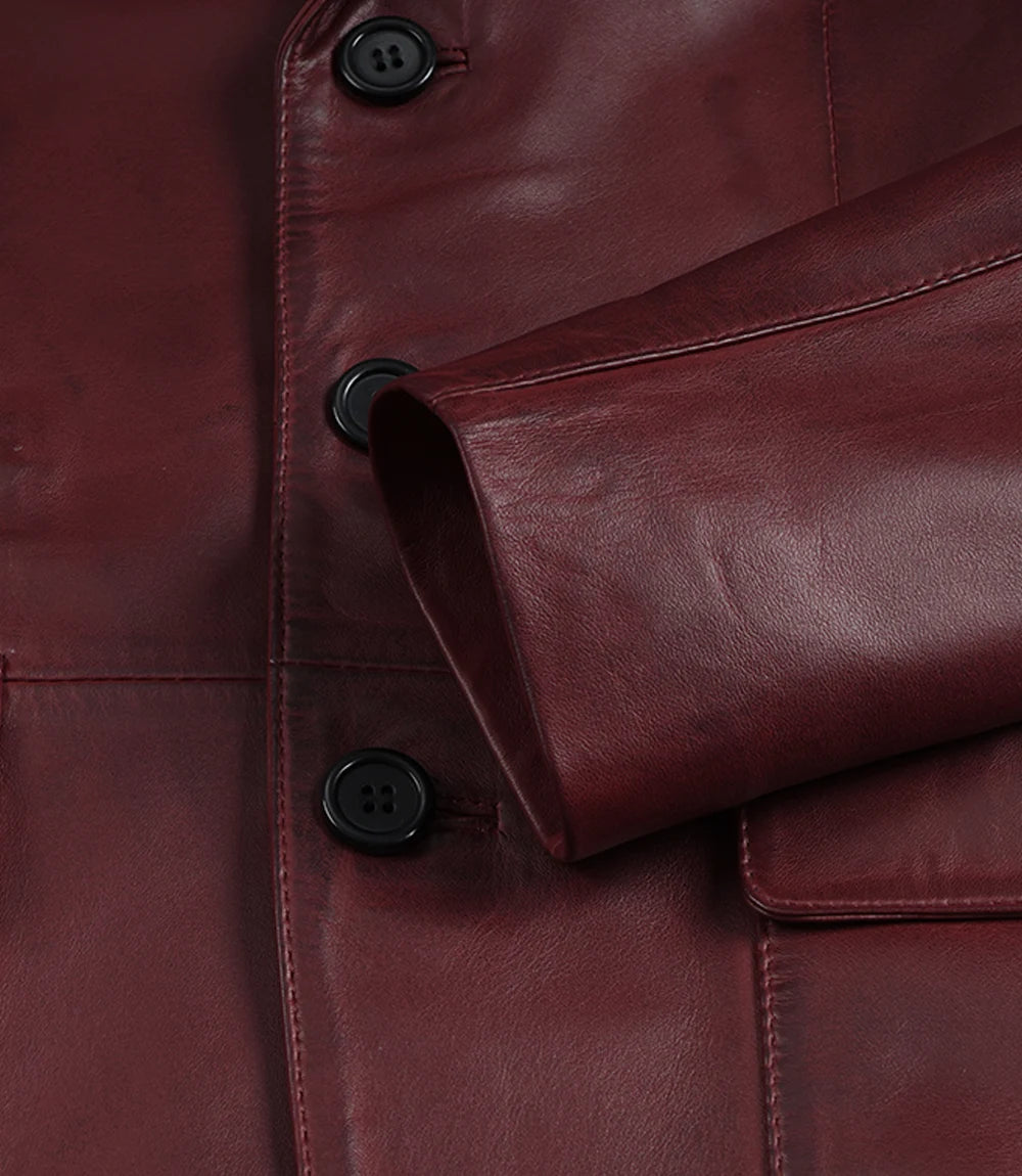 Eliseo Men's Burgundy Lambskin Leather Blazer - Three Button Style