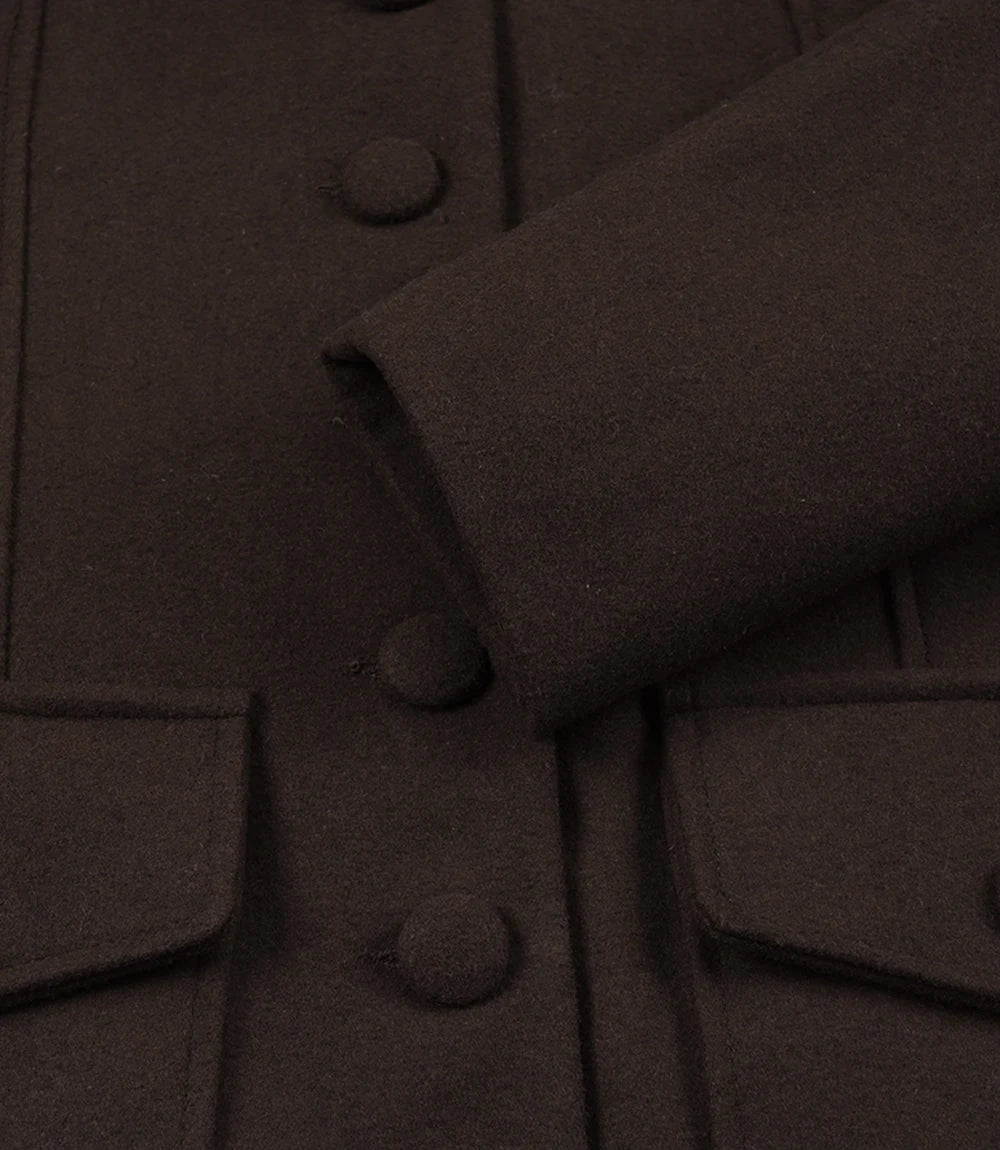 Women's Brown Wool Military Jacket – Mandarin Collar