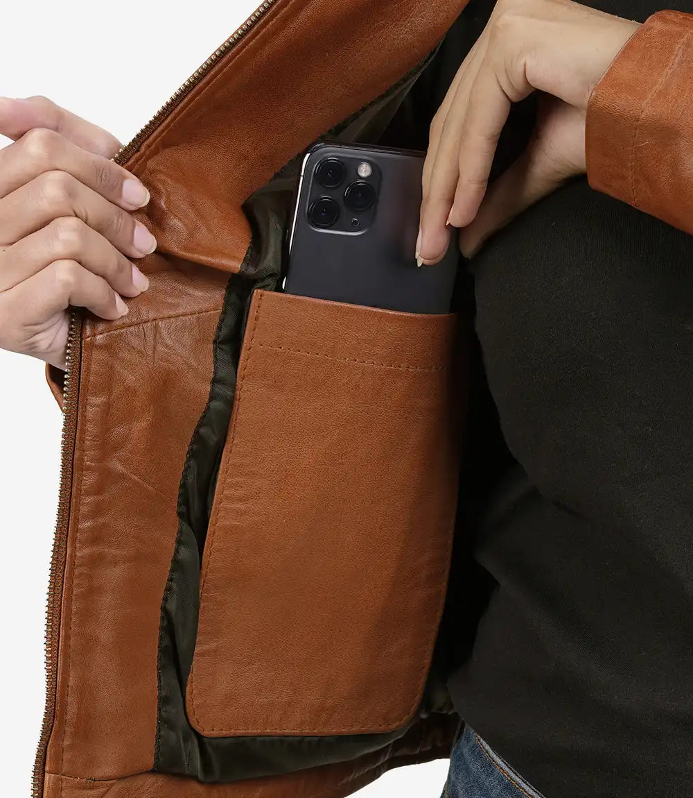 Womens Tall Biker Tan Leather Jacket