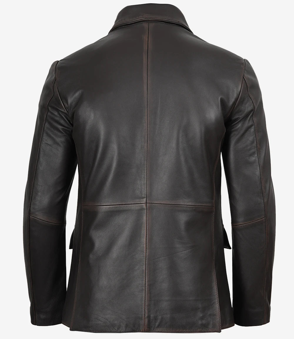 Mens Two Button Notch Lapel Ruboff Brown Leather Blazer Jacket