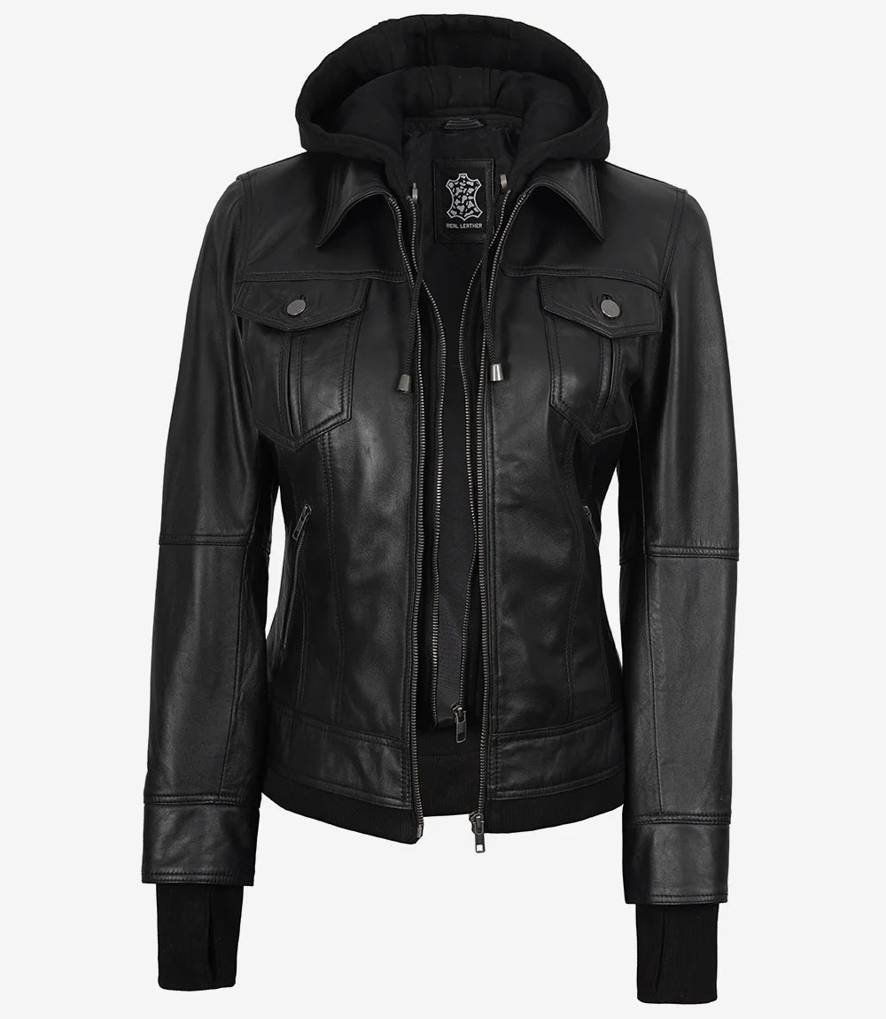 The Celeste: Womens Black Bomber Leather Jacket with Removable Hood