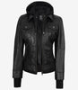 The Celeste: Womens Black Bomber Leather Jacket with Removable Hood