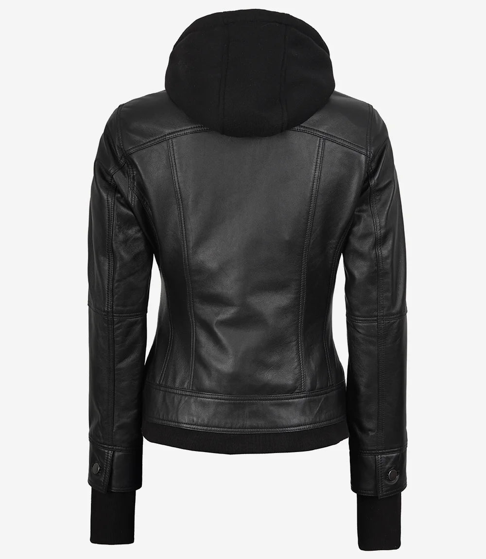 The Celeste: Womens Black Bomber Leather Jacket with Removable Hood