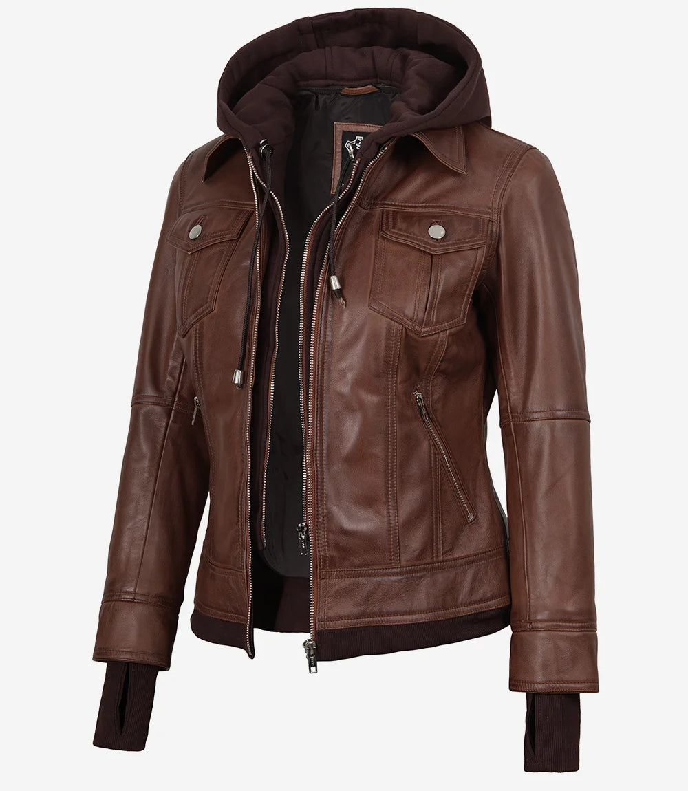 Tralee Women's Cognac Wax Bomber Leather Jacket With Removable Hood