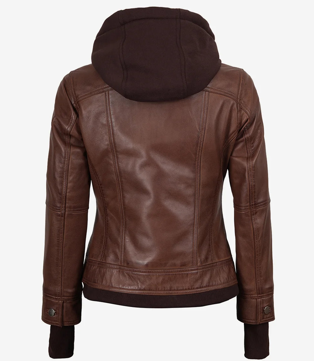 Tralee Women's Cognac Wax Bomber Leather Jacket With Removable Hood
