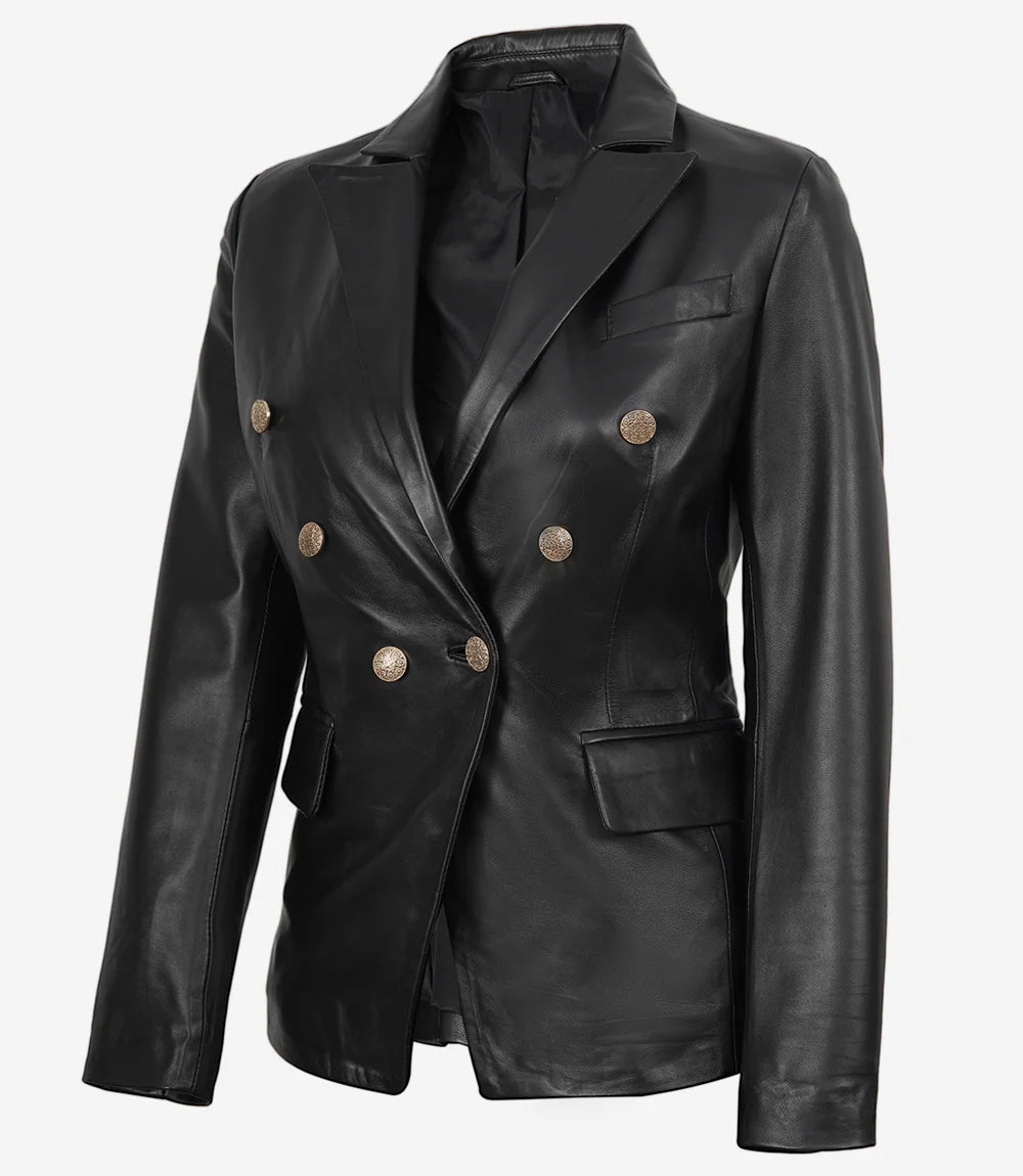 Kim Women's Double Breasted Black Leather Blazer