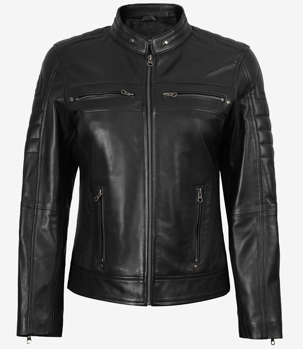 Womens Black Real Leather Cafe Racer Jacket