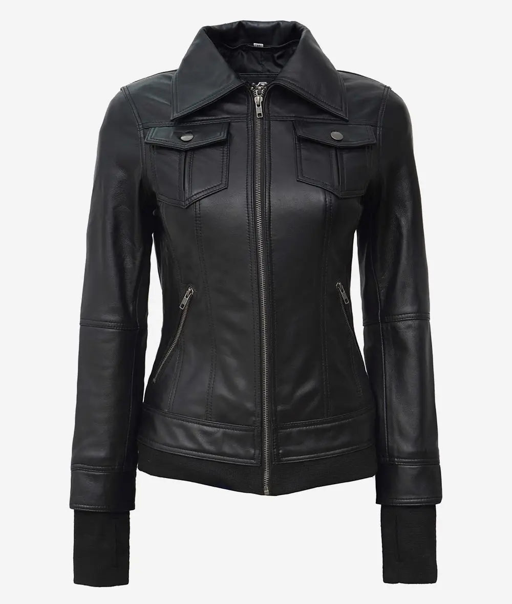The Celeste: Womens Black Bomber Leather Jacket with Removable Hood