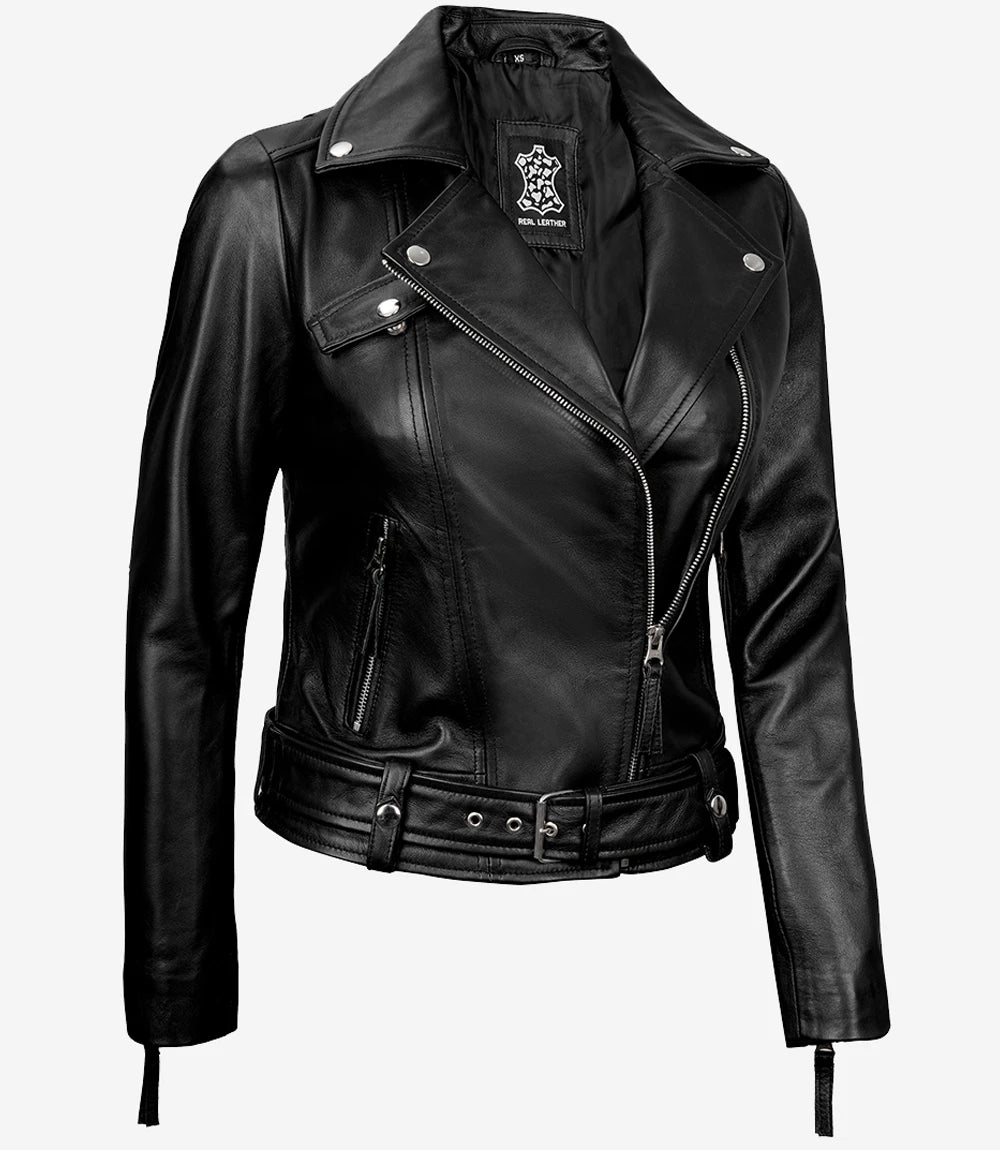 Connecticut Womens Black Leather Motorcycle Jacket