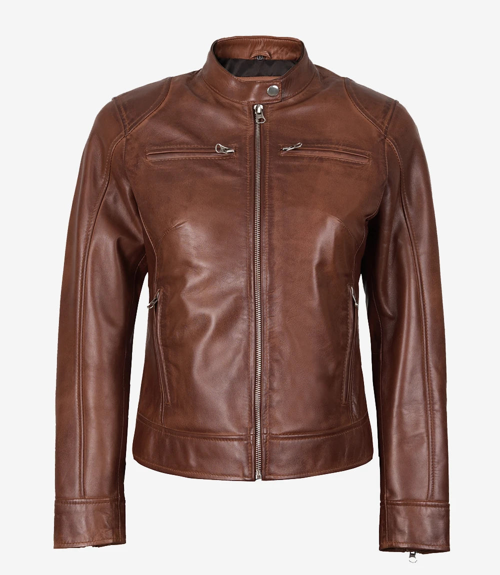 Womens Cognac Real Leather Moto Jacket