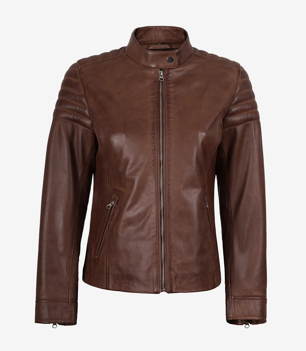 Cognac Cafe Racer Leather Jacket Women
