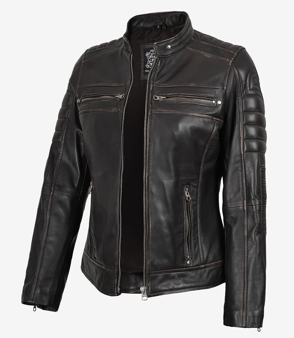 Womens Ruboff Brown Cafe Racer Style Leather Jacket