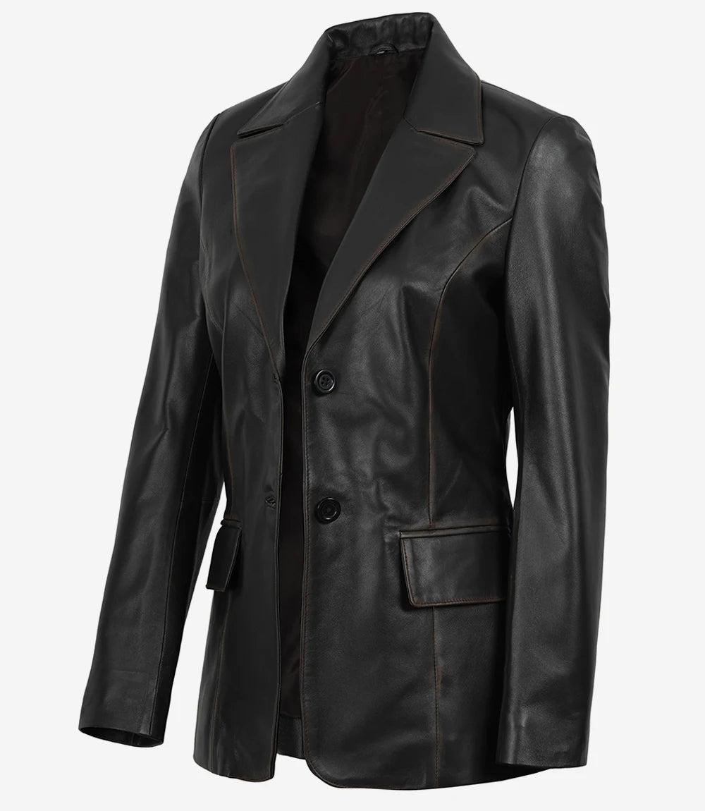 Women's Waxed Dark Brown Two Button Leather Blazer