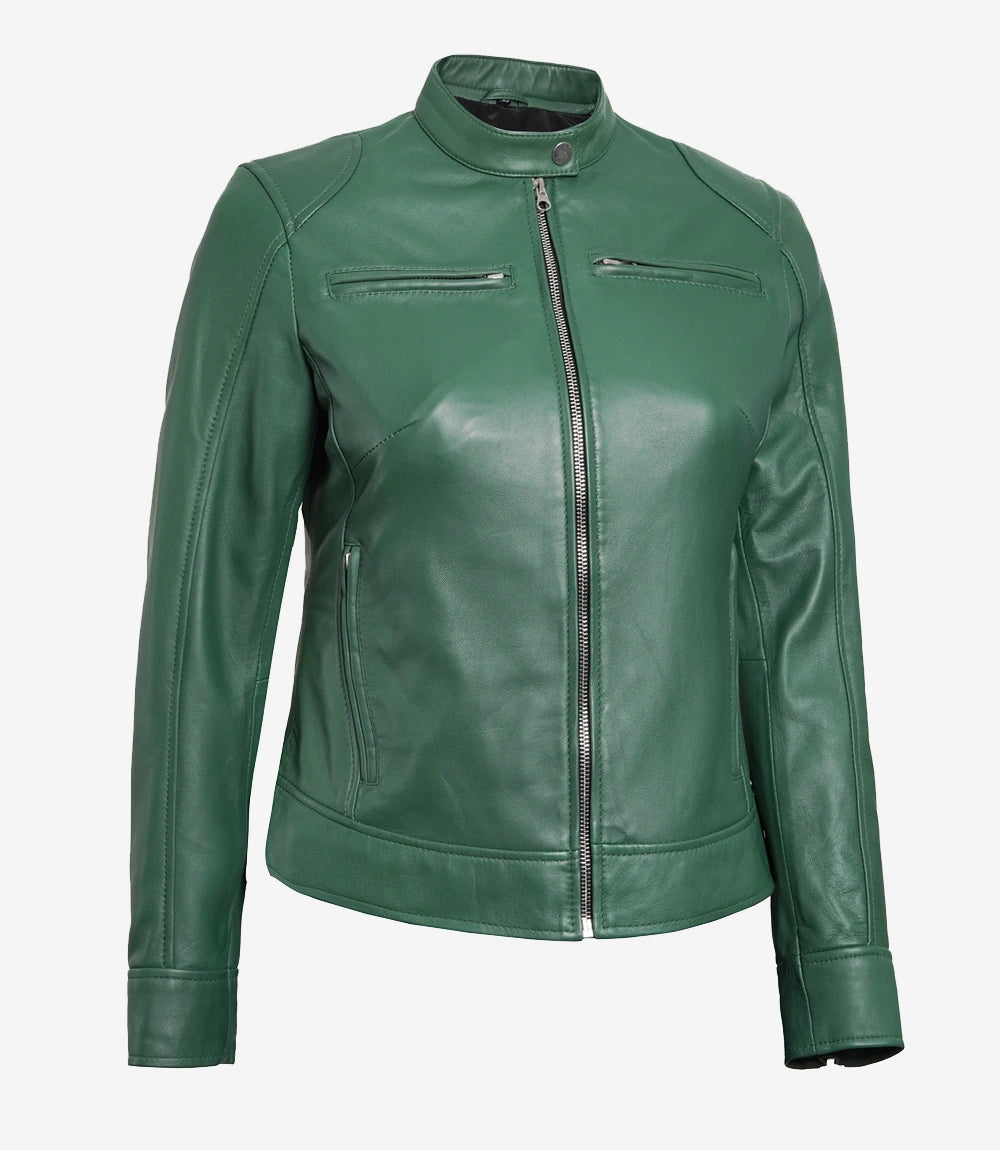 Womens Biker Racer Green Leather Jacket