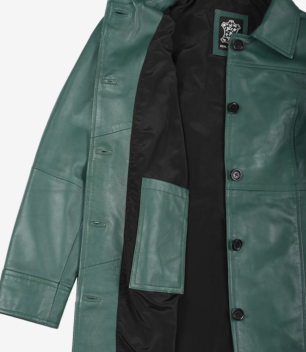 Womens Real Leather Green Car Coat