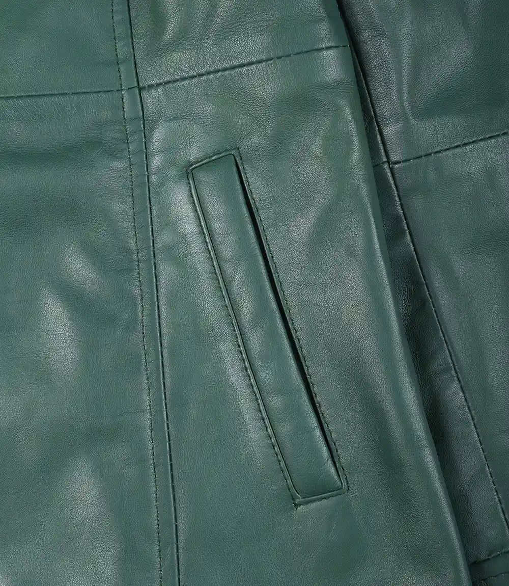 Womens Real Leather Green Car Coat