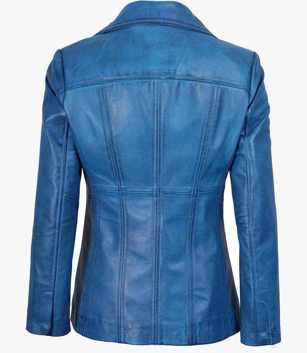 Womens Blue Waxed Leather Coat - Three Button