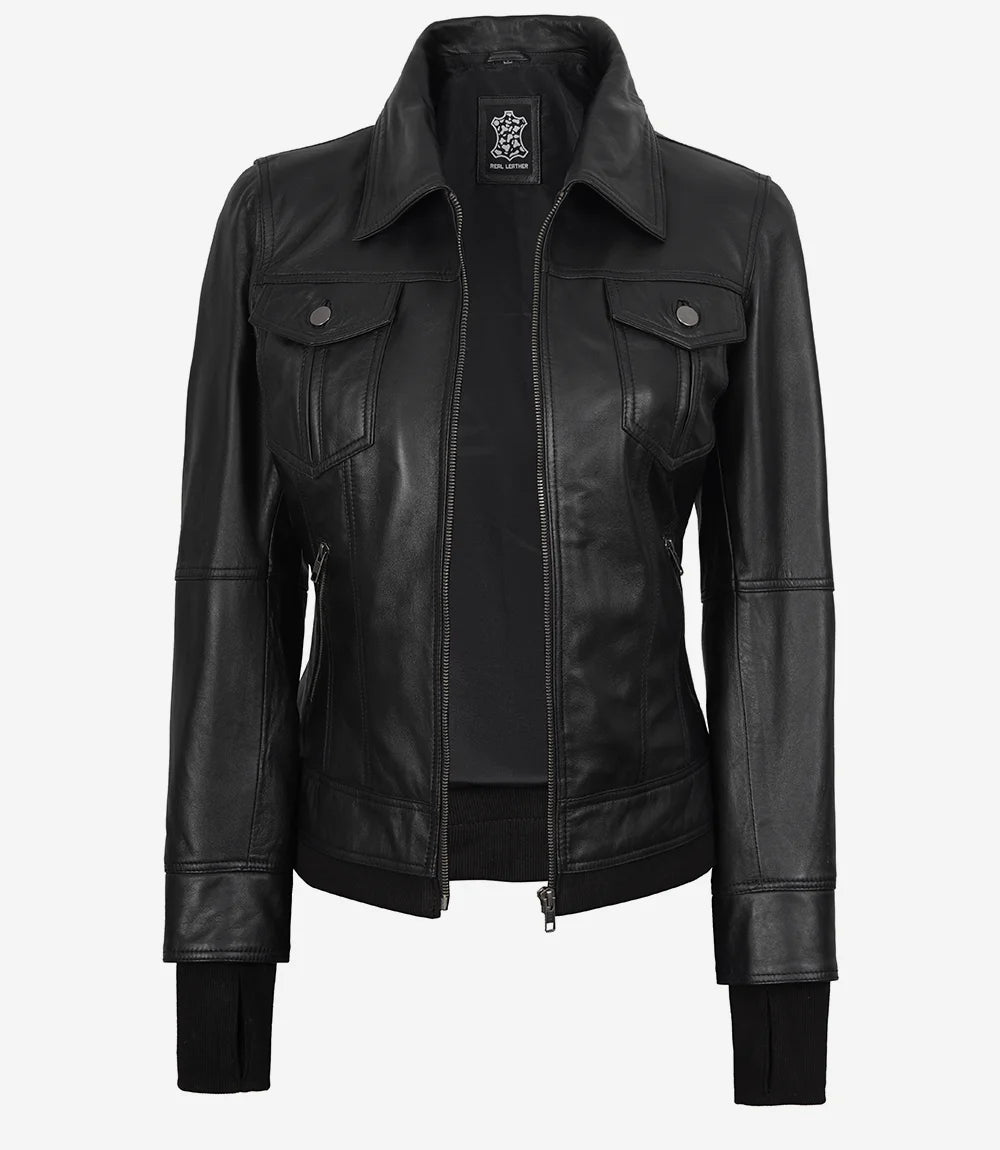 The Celeste: Womens Black Bomber Leather Jacket with Removable Hood