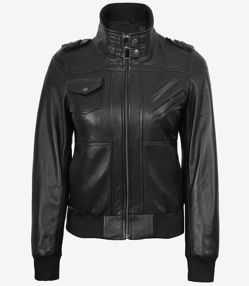 Women's Black Leather Bomber Jacket with Removable Hood
