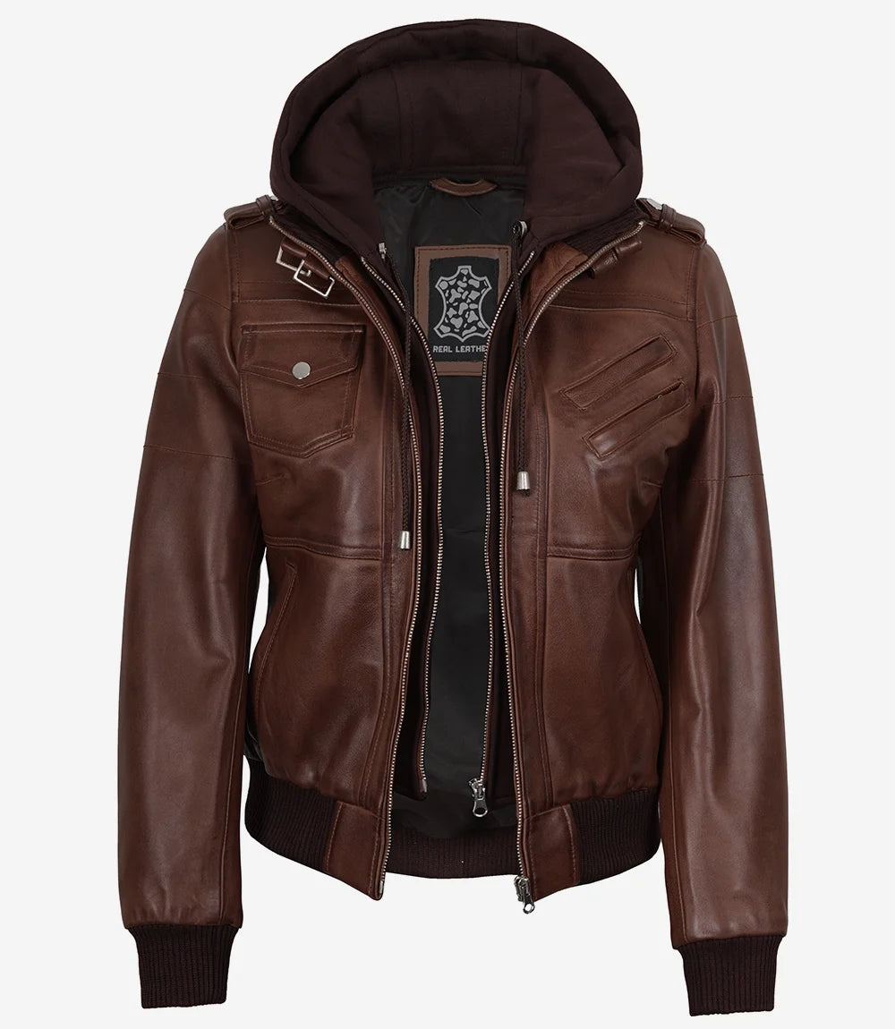 Womens Cognac Leather Bomber Jacket With Removable Hood