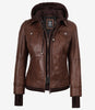 Tralee Women's Cognac Wax Bomber Leather Jacket With Removable Hood