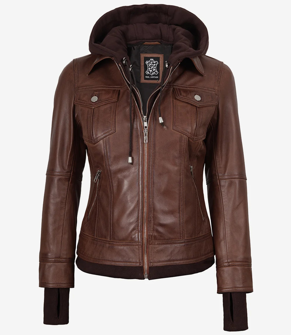 Tralee Women's Cognac Wax Bomber Leather Jacket With Removable Hood