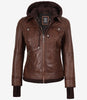 Tralee Women's Cognac Wax Bomber Leather Jacket With Removable Hood