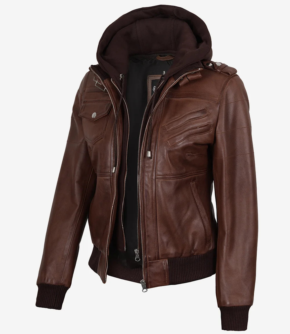 Womens Cognac Leather Bomber Jacket With Removable Hood