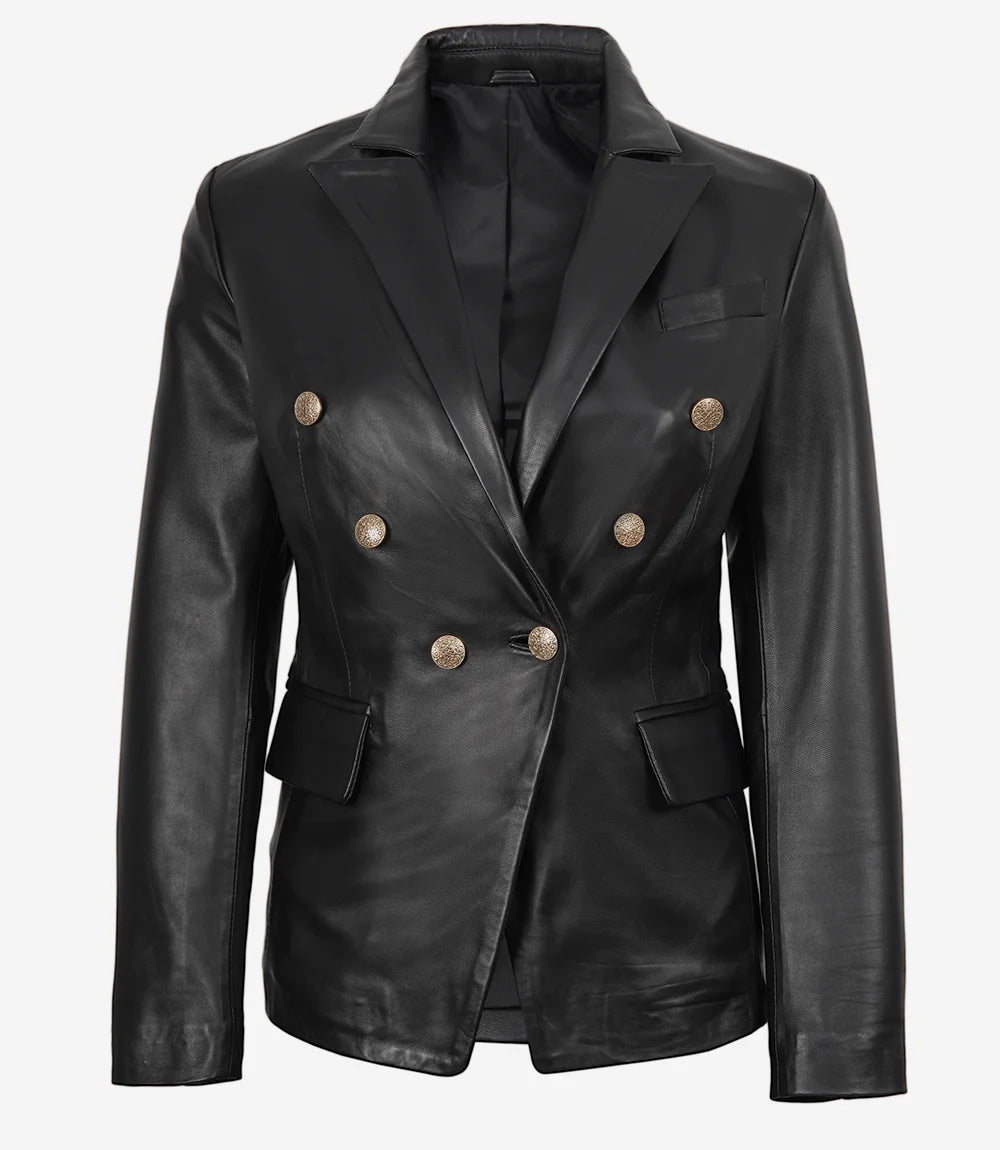 Kim Women's Double Breasted Black Leather Blazer