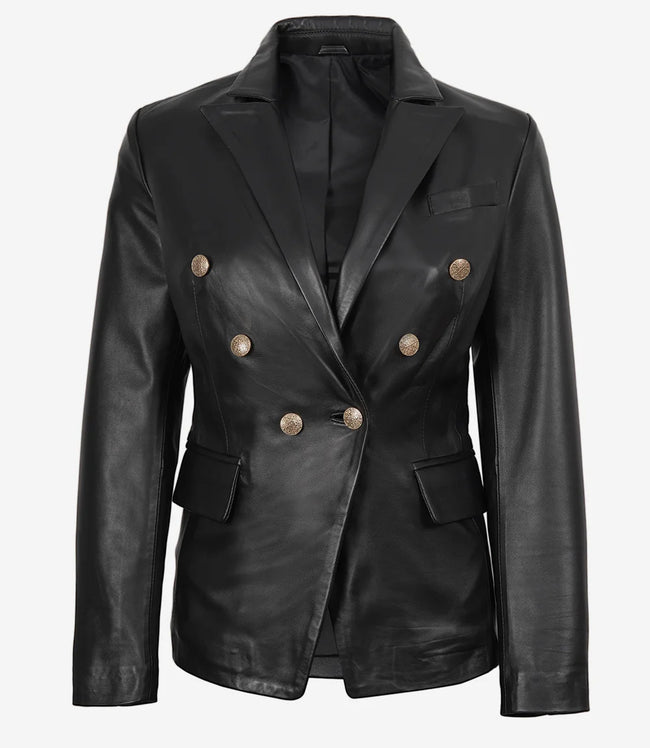 Kim Women's Double Breasted Black Leather Blazer