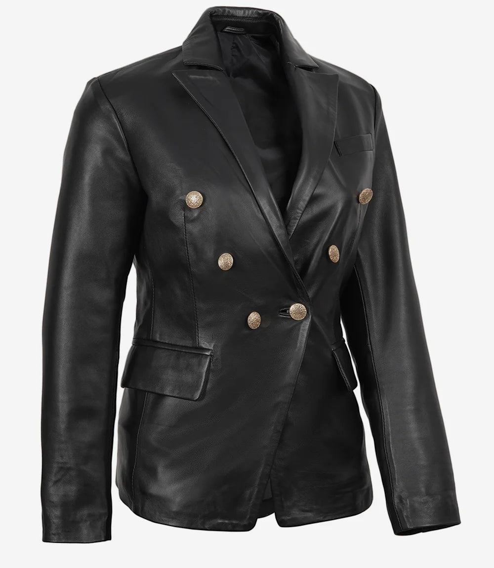 Kim Women's Double Breasted Black Leather Blazer