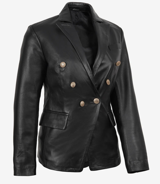 Kim Women's Double Breasted Black Leather Blazer