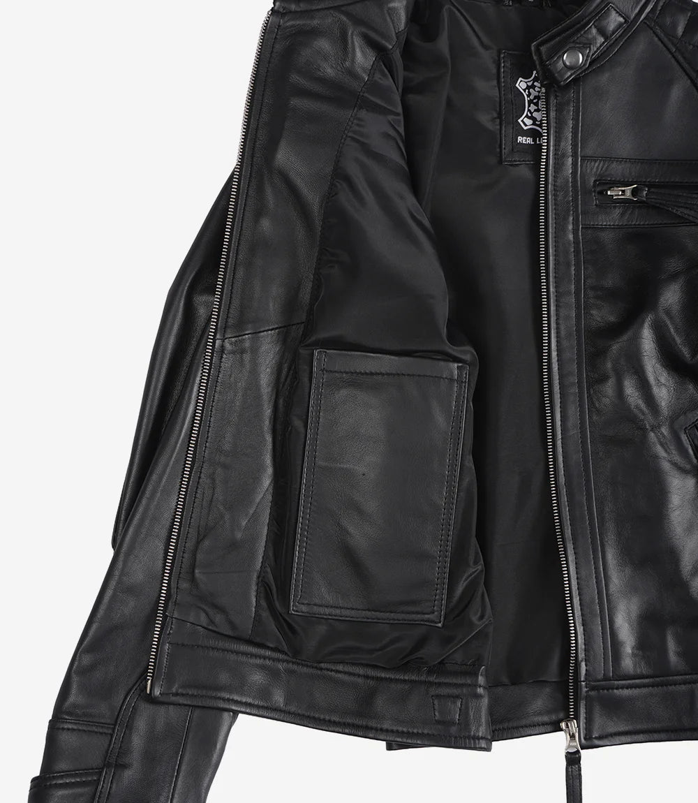 Womens Black Leather Biker Style Jacket - Quilted Shoulder