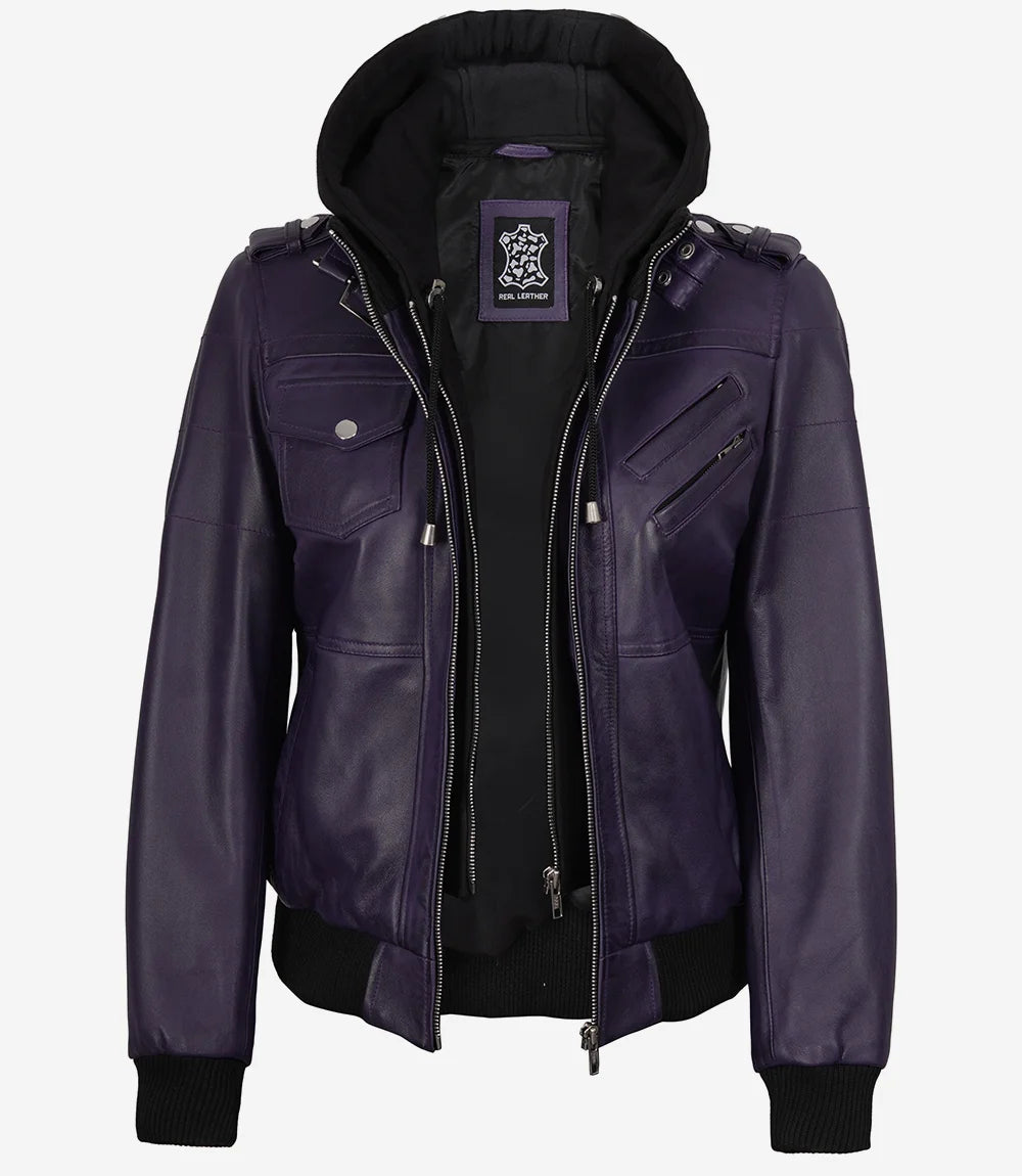 Womens Purple Bomber Leather Jacket with Removeable Hood