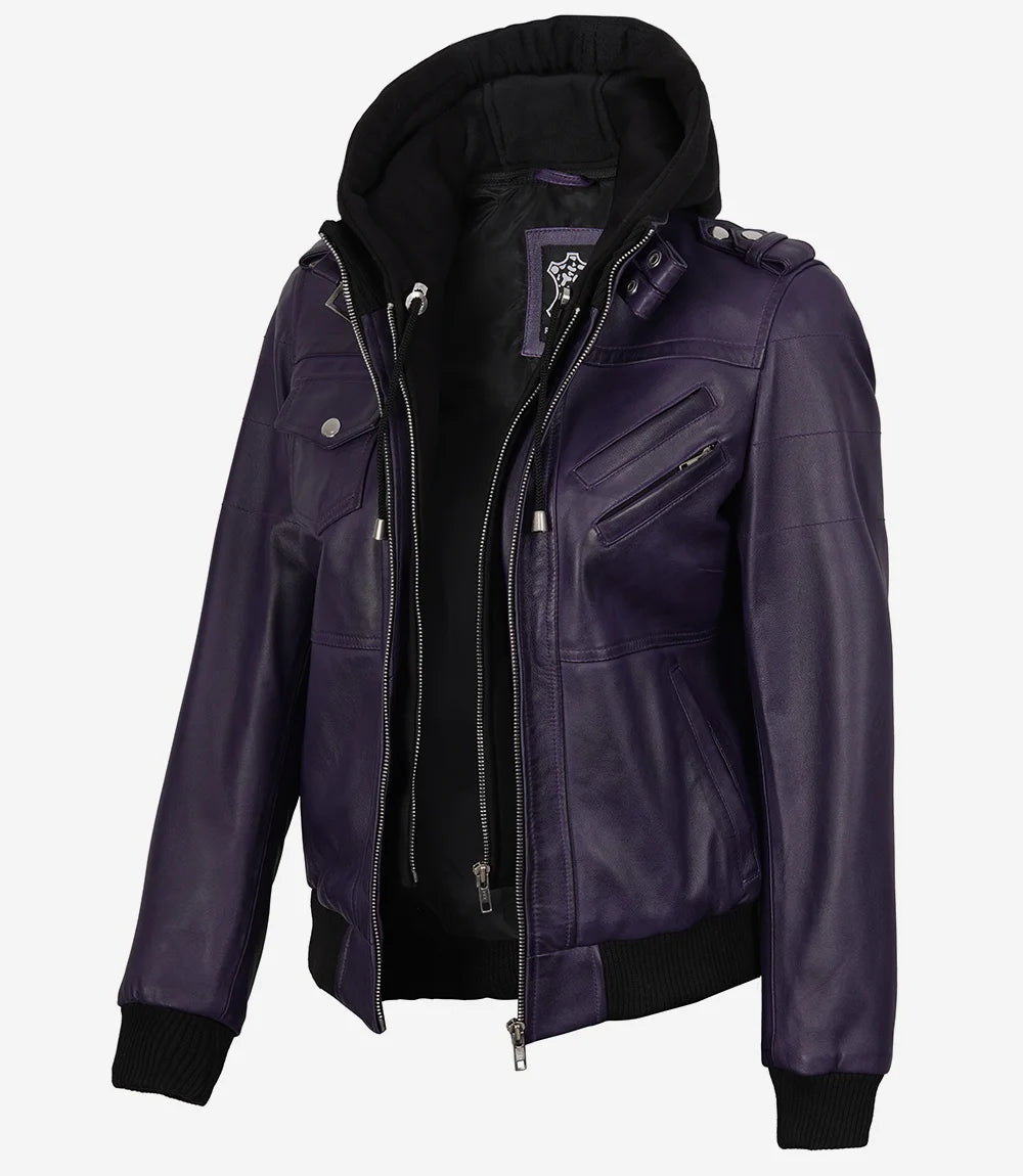Womens Purple Bomber Leather Jacket with Removeable Hood