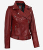 Women's Red Asymmetrical Belted Biker Style Leather Jacket