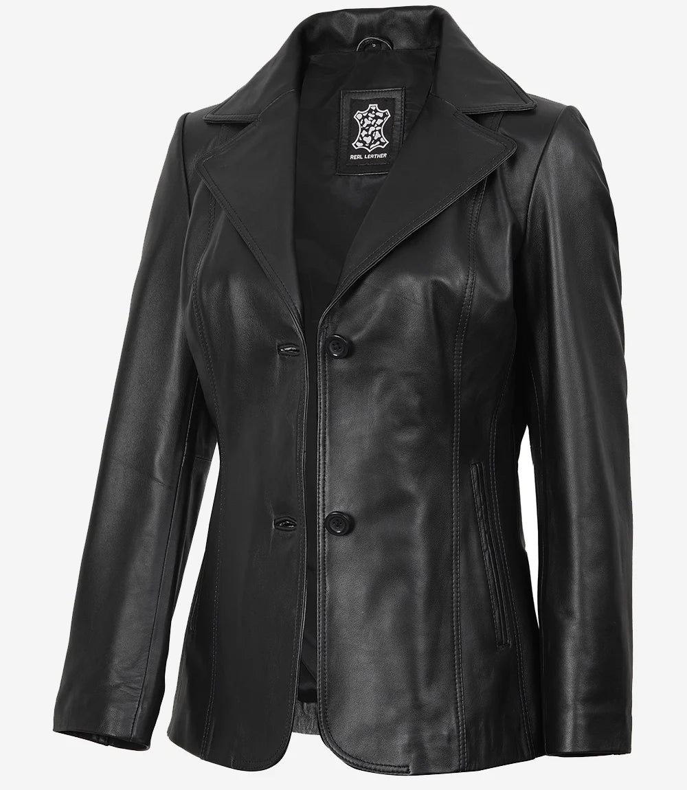 Womens Black Leather Blazer Jacket