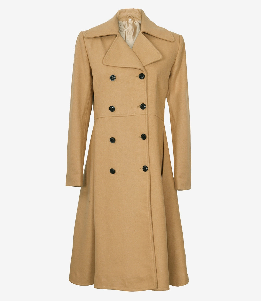 Womens Beige Double Breasted Wool Trench Coat