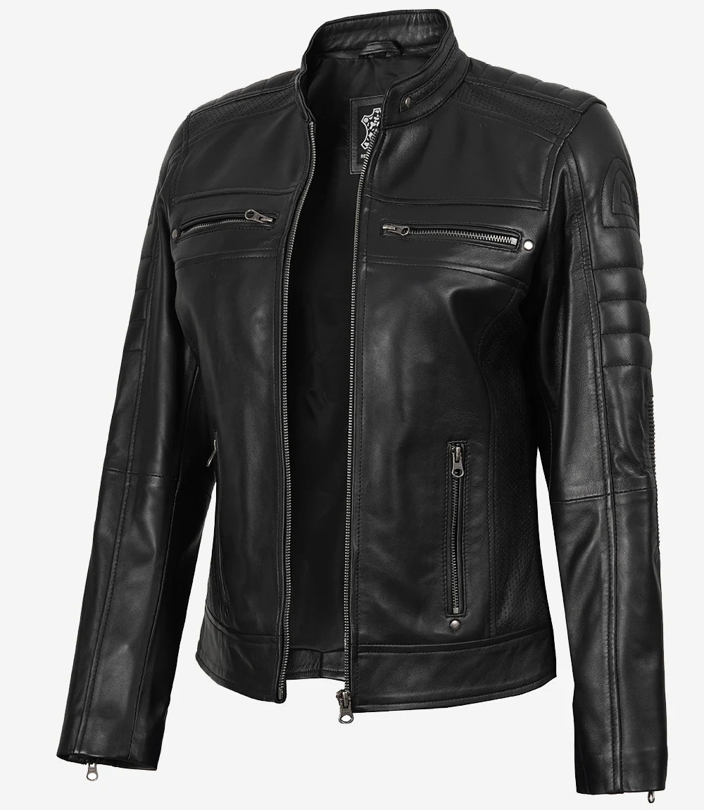 Womens Black Real Leather Cafe Racer Jacket