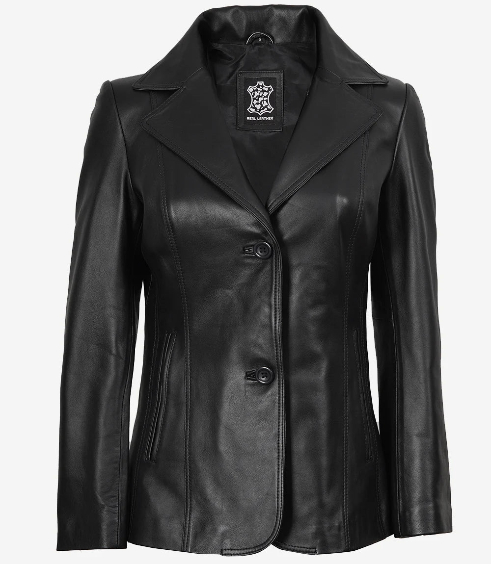 Womens Black Leather Blazer Jacket