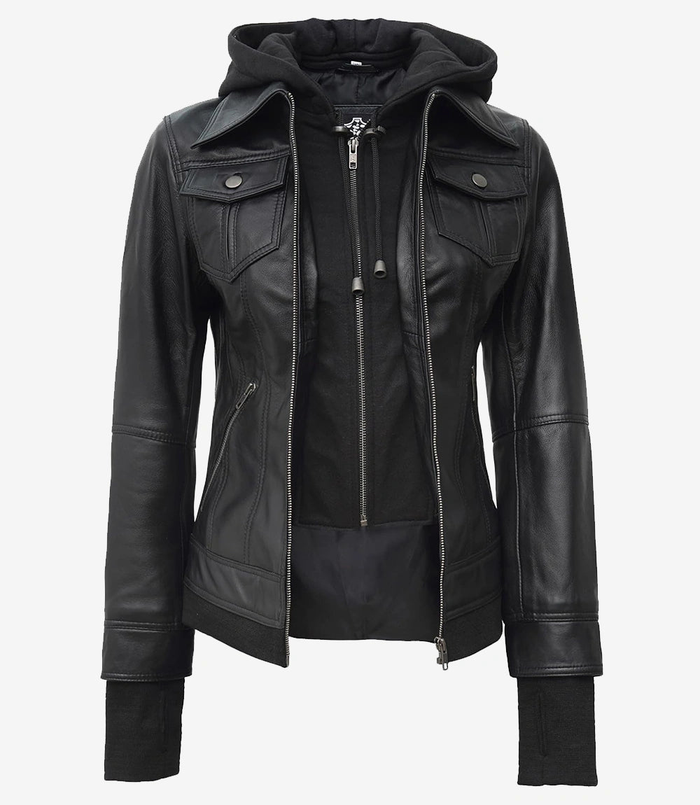 Womens Petite Black Bomber Hooded Leather Jacket