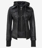 Womens Petite Black Bomber Hooded Leather Jacket