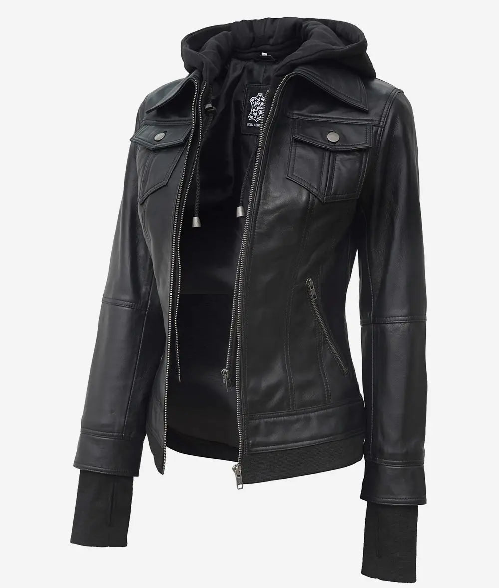 The Celeste: Womens Black Bomber Leather Jacket with Removable Hood