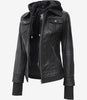 Womens Petite Black Bomber Hooded Leather Jacket