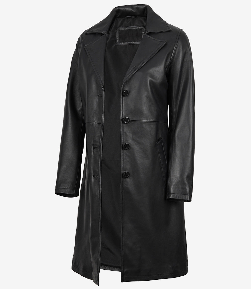 Womens 3 4 Length Black Wide Collar Leather Coat